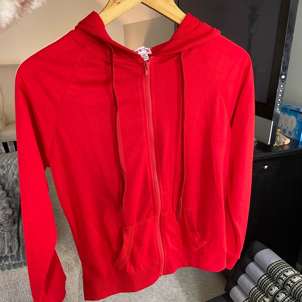 Red Zip-Up Jacket With White Stripes